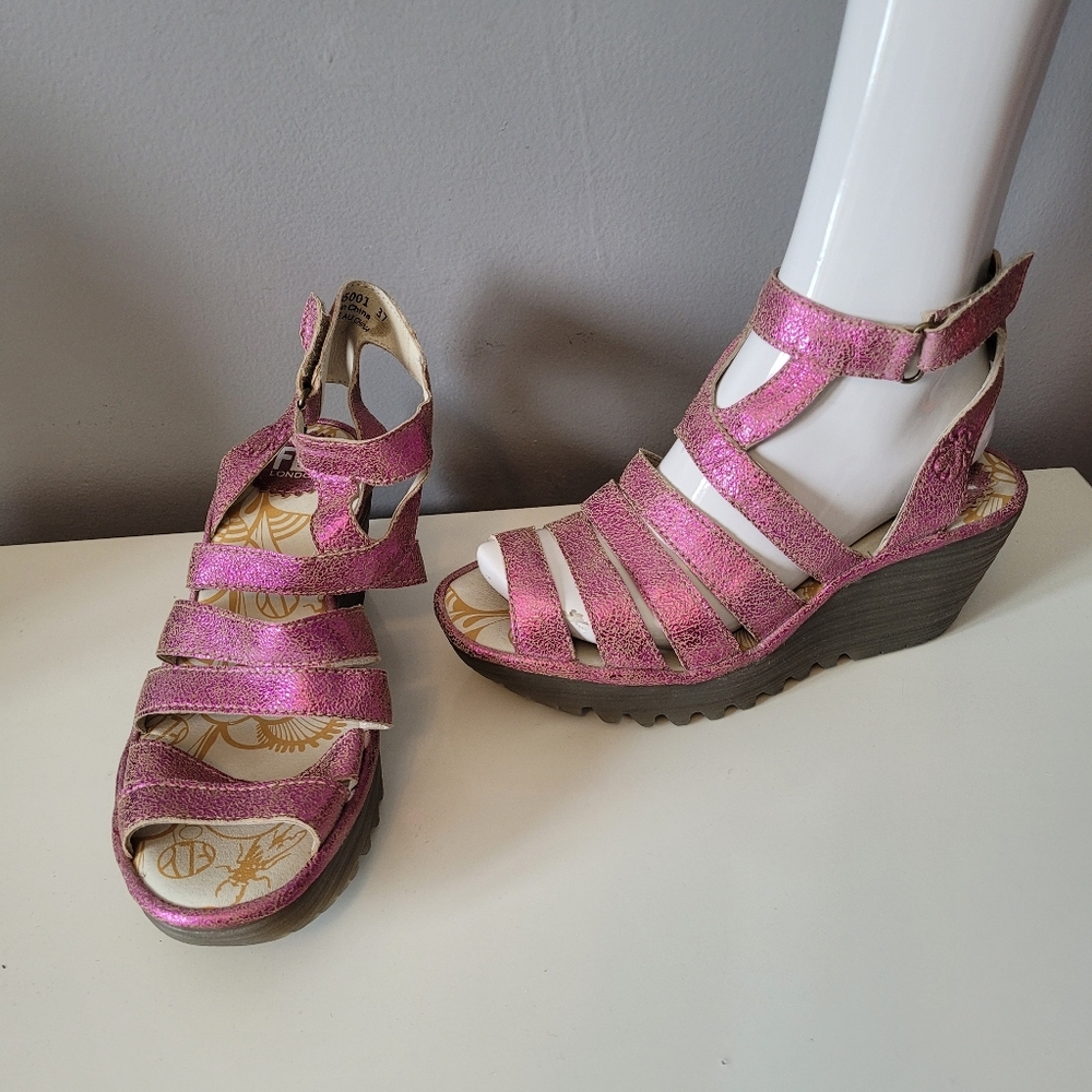 Fly London Yeba Metallic Wedge Sandal, VGUC, Size 37